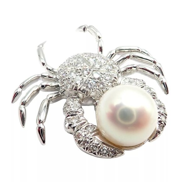 Rare! Authentic Tiffany & Co Platinum Crab 1.50ct Diamond 9mm Pearl Pin Brooch - Picture 10 of 12